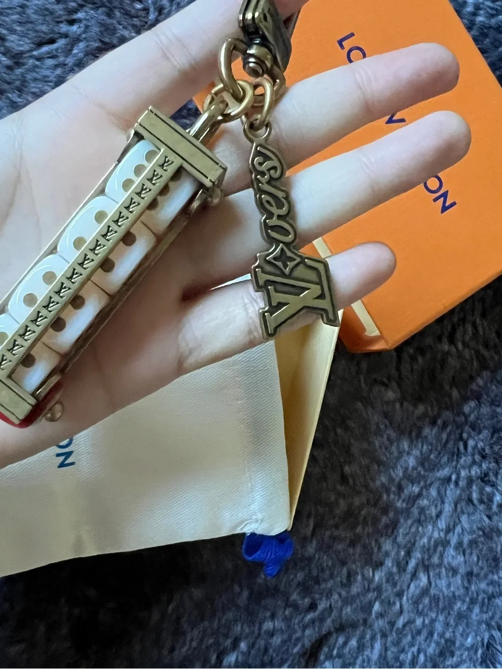Vintage Louis Vuitton Brass and White dice love Key Charm Keychain gift